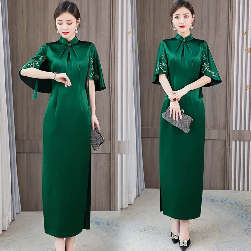 

Летнее женское Вьетнамское платье Aodai Cheongsam с традиционной цветочной вышивкой, свадебное банкетное вечернее платье