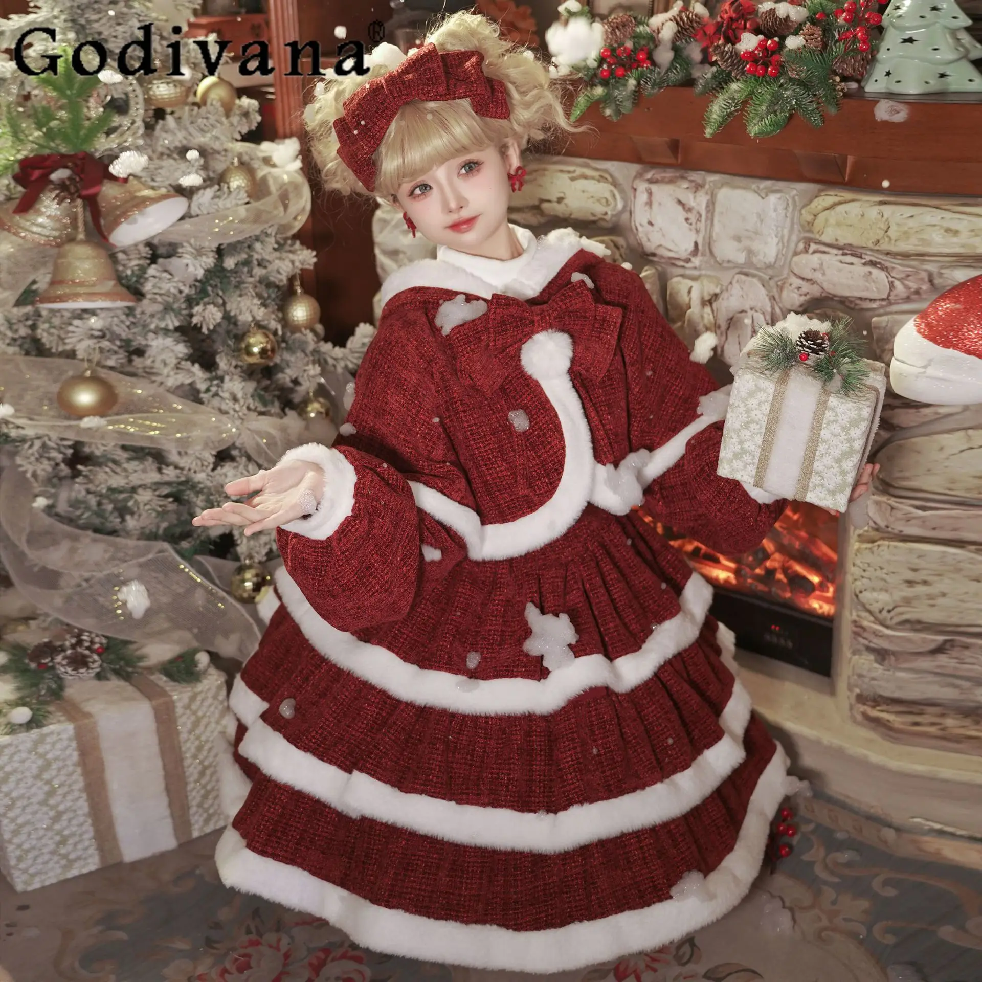 

Christmas Burgundy Lolita Party Dress Set Women's Cute Sweet Kawaii Girly Suspender Dress and Cape Two-piece Set Womens Outifits