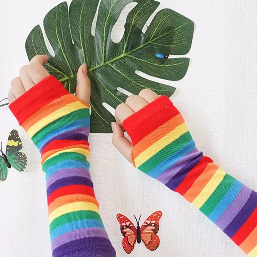 Outdoor Printing Sun Protective Girls Hand Sleeve Rainbow Sleeve Cuff Female Arm Warmers Knitting  Gloves Striped Arm Warmers