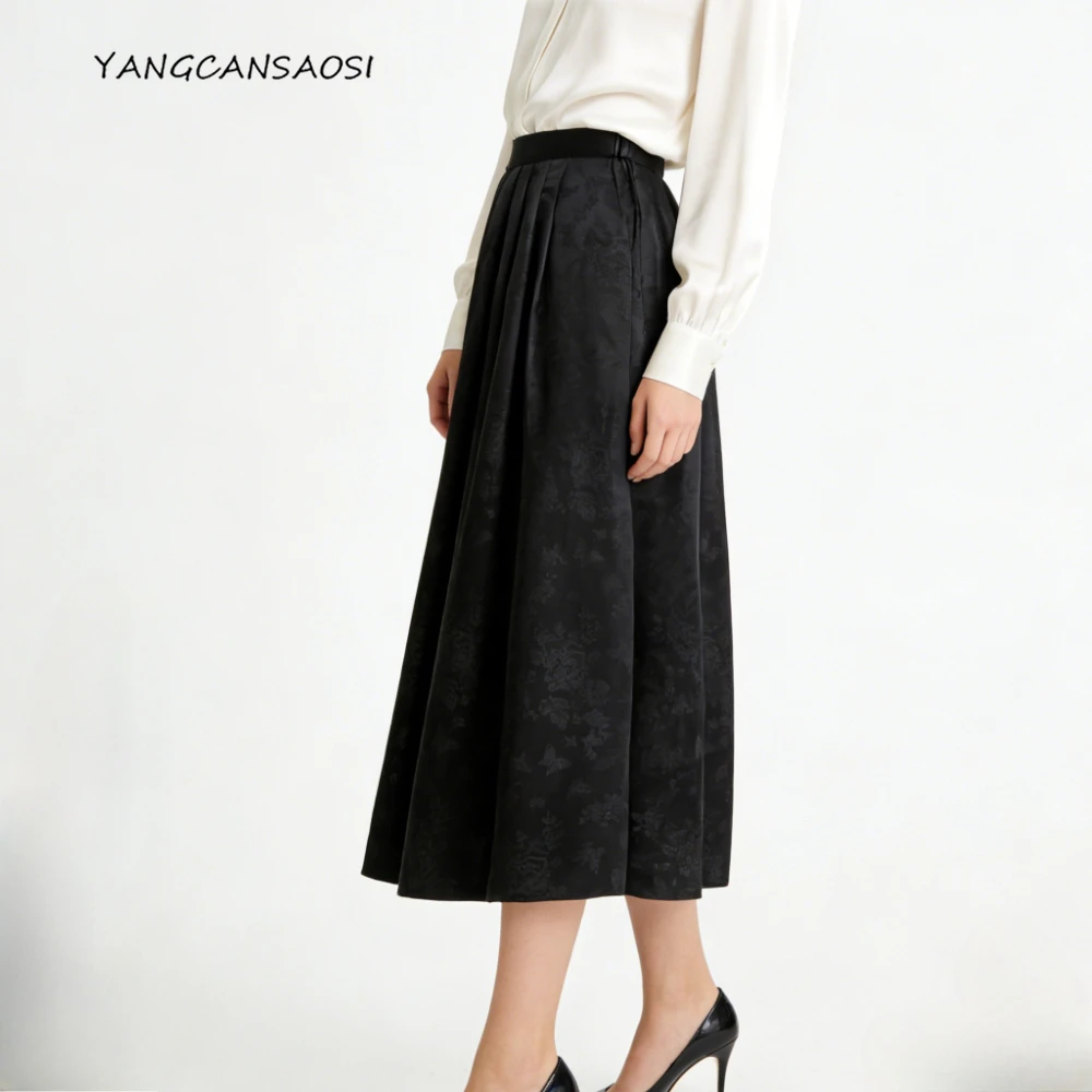 

100% Natural Mulberry Silk Clothing, Women's Breathable Floral Skirt, Elastic Waist Black Versatile A-line Light Luxury Skirt