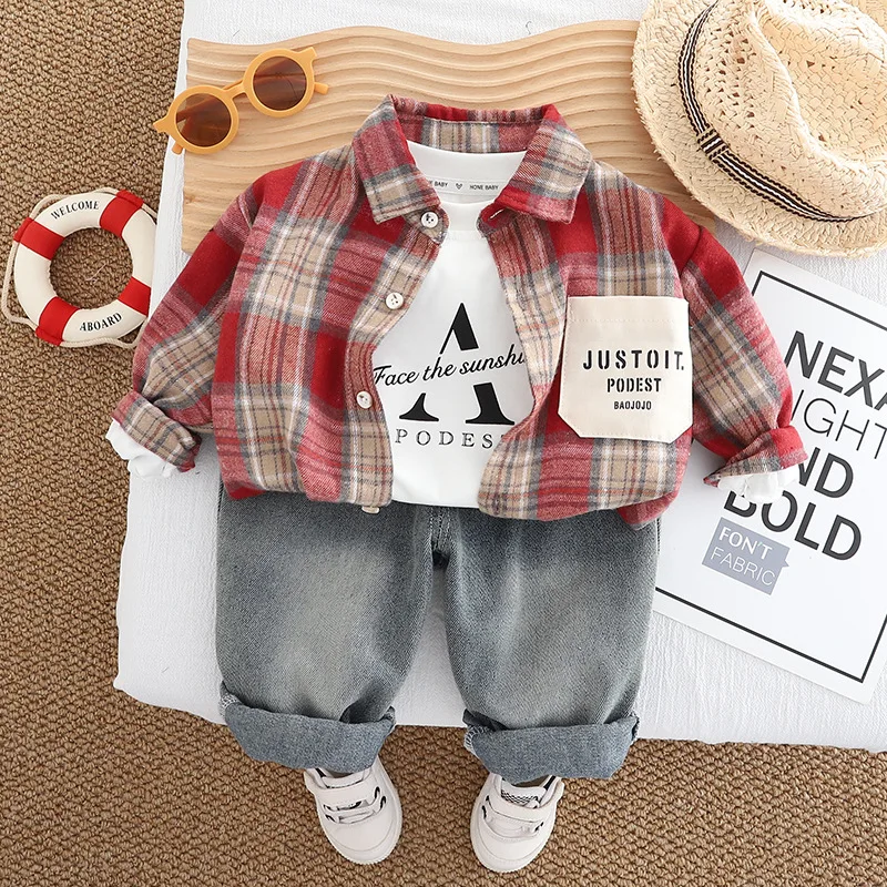 Boys' 2025 Autumn Outfit Set 1-2-3 Years Old Baby Color-block Shirt Jacket Children's Spring Autumn Three-piece Suit