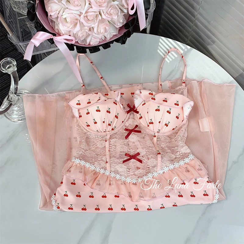 فستان نوم نسائي مفرغ من الدانتيل مطبوع عليه فاكهة بتصميم فرنسي لصيف 2025 رقيق ومثير بصدر صغير بدون ظهر ملابس نوم للفتيات #5