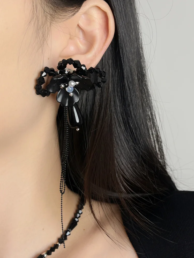 Dark Smoked Crystal Beaded Rose New Premium Tassel Earrings Women