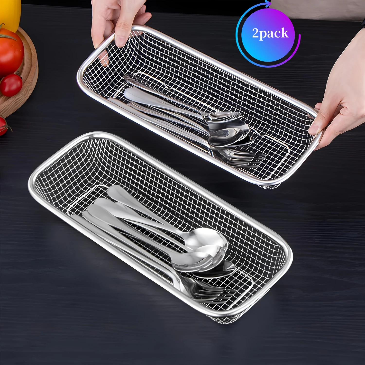 Stainless Steel 2-Piece Flatware Caddy  Utensil Drying Rack, Chopstick Cage, Cutting Board, Dishwasher Basket, and Clear Silverw