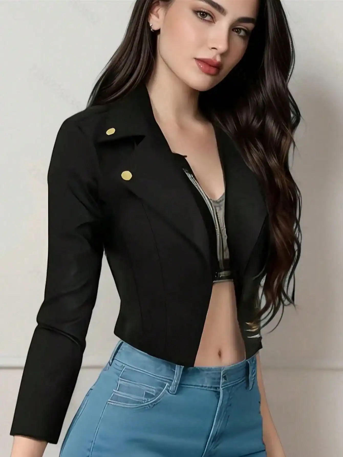 

Women's Solid Color Lapel Button-Up Long Sleeve Cropped Cardigan