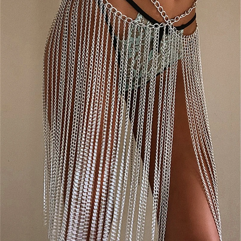 Damen Y2K Sommer-Minirock mit Metall-Pailletten, Glitzer-Strass und Quasten-Taillenkette für Festival, Rave und Nachtclub – Detail 1