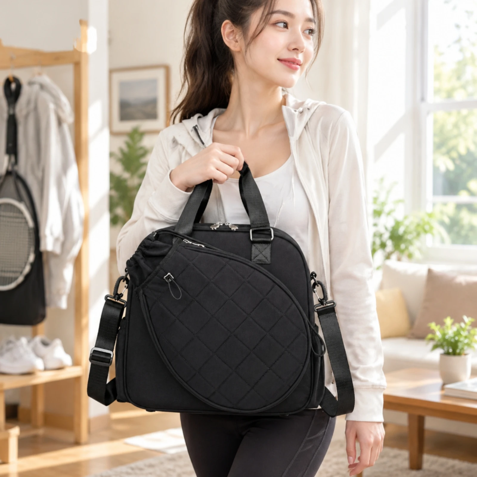 Racket Bag with Shoe Compartment Versatile Structured Racket Bag with Shoulder Strap Spacious Quilted for Outdoor Sports, Travel
