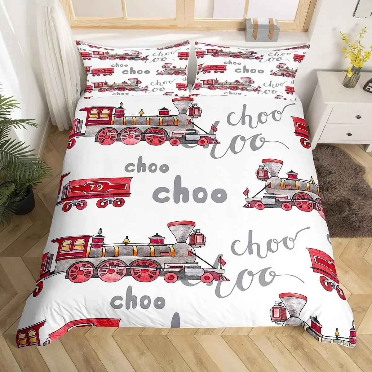 Train Equipment Trucks Construction Vehicle Tractor Duvet Cover for Children Boy for Bedroom Decoration Cartoon Watercolor Queen