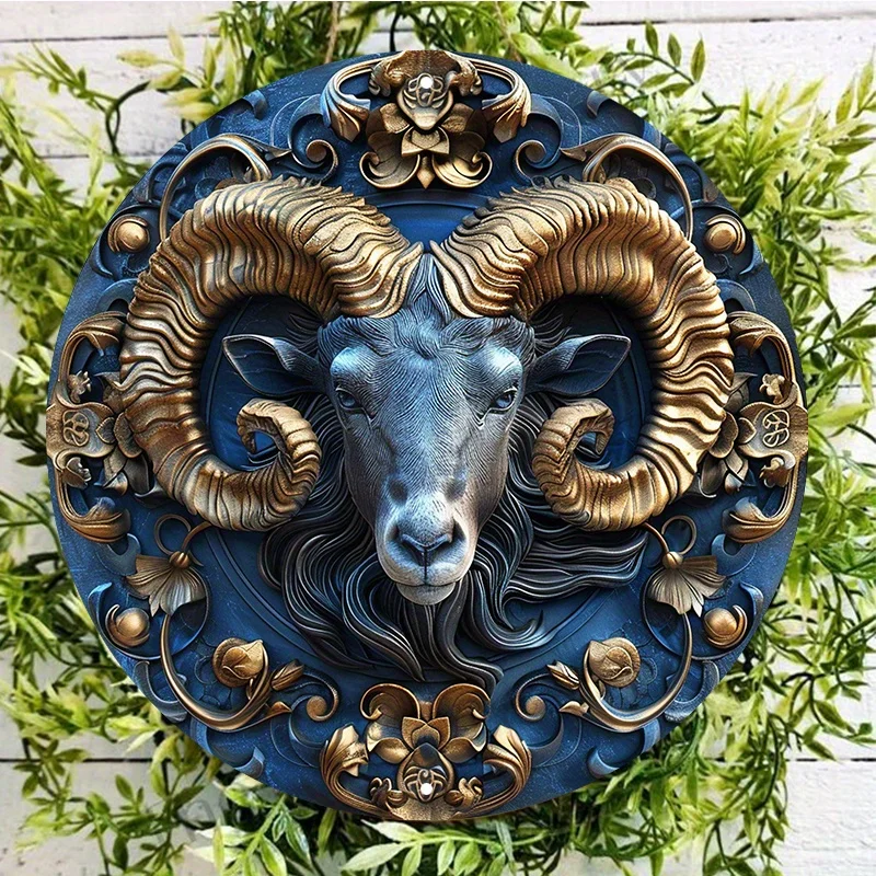 Waterproof Aluminum Aries Ram Metal Wall Art, Round HD Print Weather-Resistant Door Hanger Textured Sheep Decor Sign High Qualit