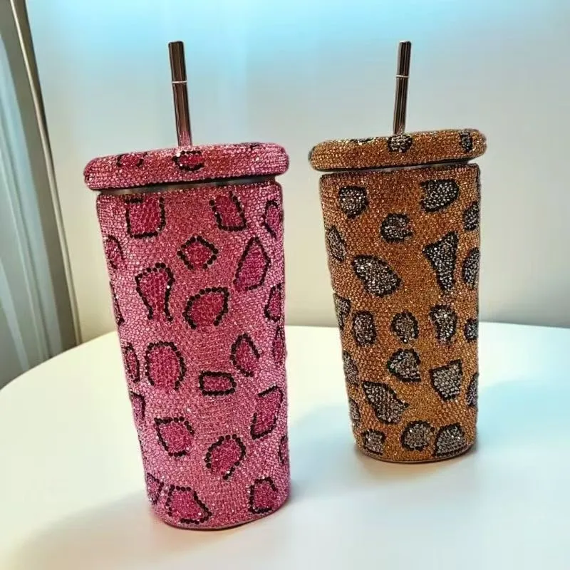 Luxury Leopard Print Straw Cup Diamond-studded Tumbler Insulated Stainless Steel Water Bottle Portable Fashion Item Perfect Gift