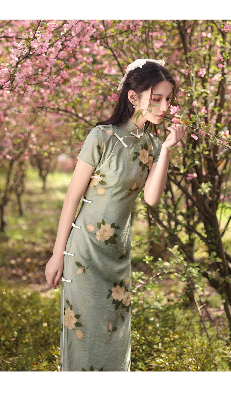 

Ele een Long Qipao Dr Young Sle Floral Simple Faionable Girl's Dr Low Slit ort Sve for Wedding And Par