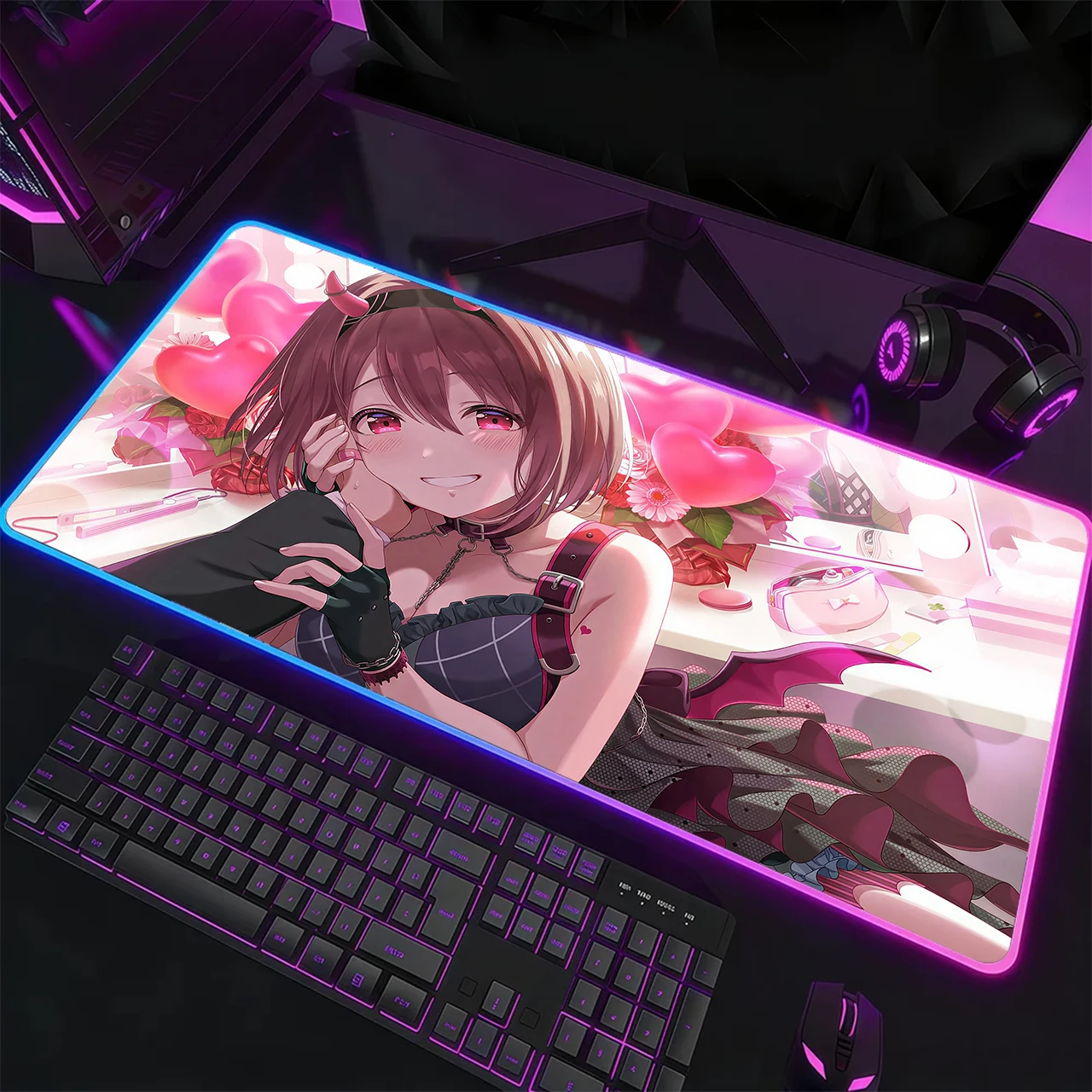 RGB Gaming Mouse Pad, XXL LED Desk Mat, Glowing Edge, Anti-slip Base, Short Hair Demon Girl Heart Balloon Floral Print Table Mat