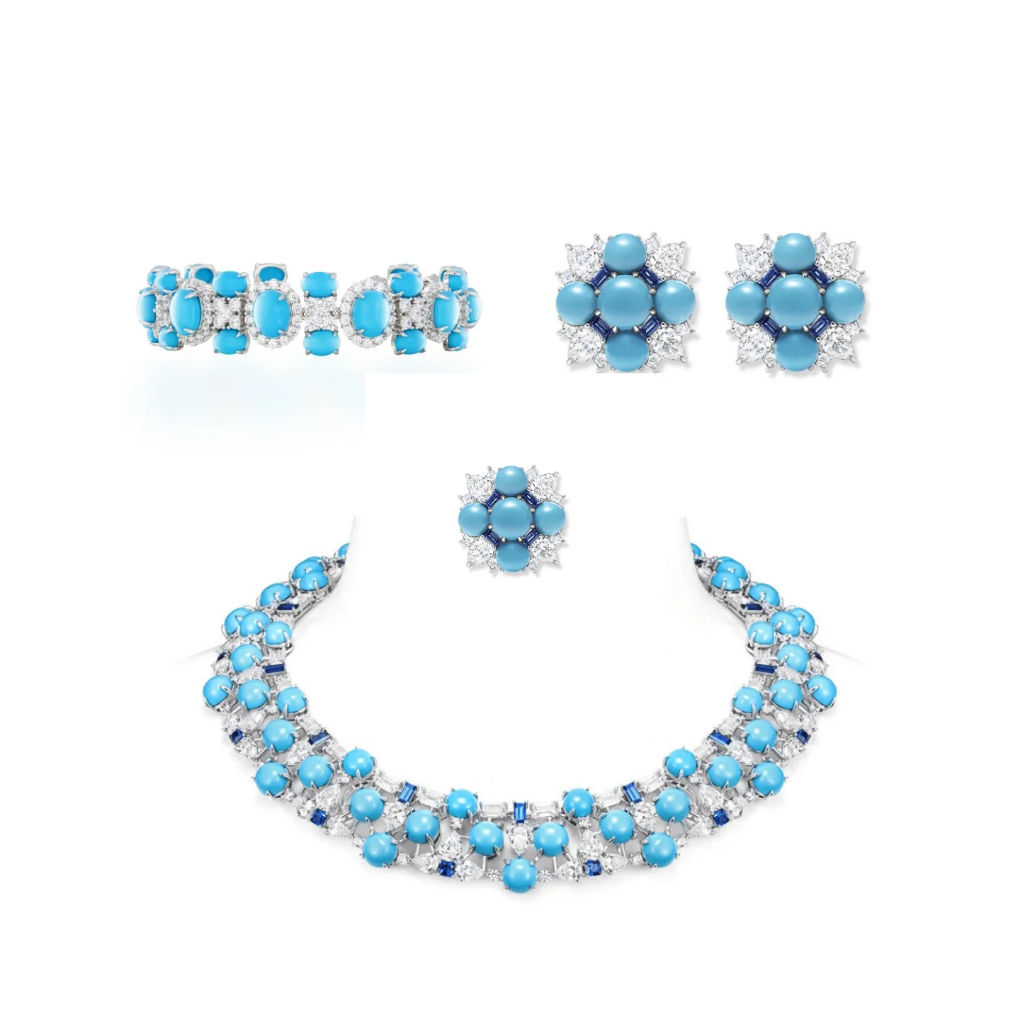 

ZOCA Blue Turquoise 925 Sterling Silver Jewelry Set - Choker Necklace Earrings Bracelet Ring for Women Fine Wedding Party