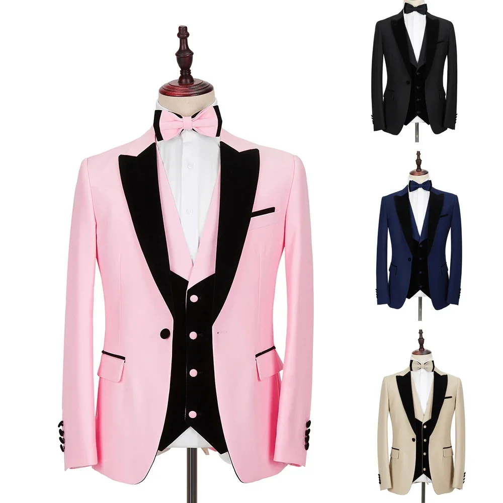 

Pink Formal Wedding Elegant Men Suits Groom Tuxedo Prom Slim Fit Blazers Hombre High Quality Custom 3 Piece Set Costume Homme