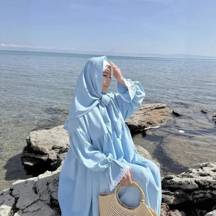 

Дубай морщинистая скромная молитвенная одежда женское мусульманское платье кружево Абая кафтан Ид Рамадан Турция исламский Джалабия мусульман Джеллаба