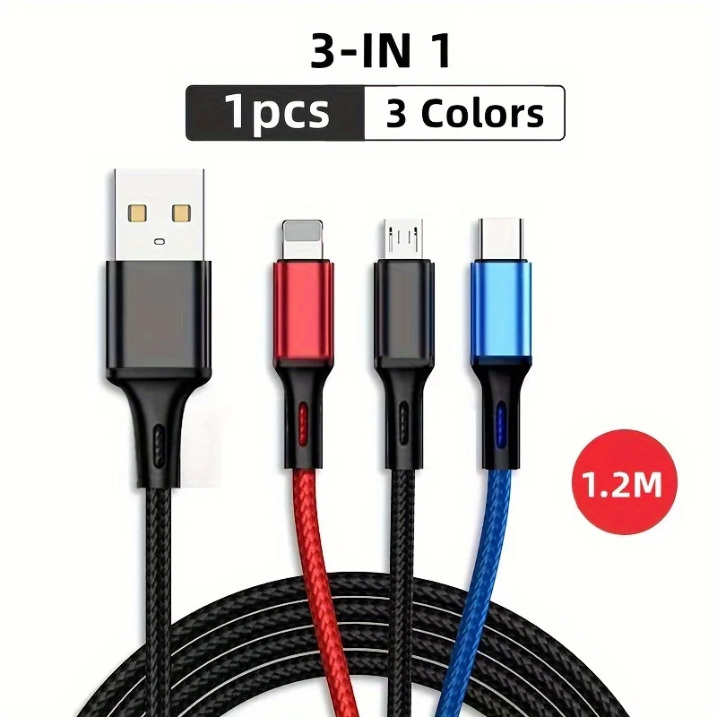 3-in-1 USB Charging Cable, Nylon Braided, Versatile For iPhone Type-C,Google, For Moto, Xiaomi - Car Charger Cable