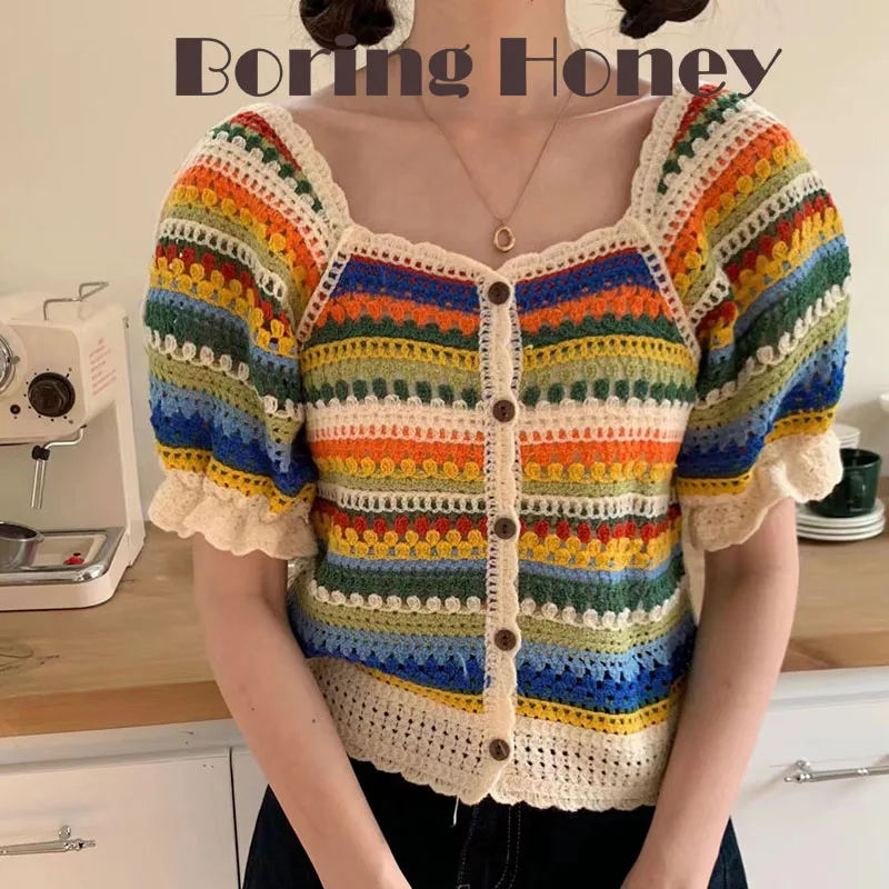 

Женская одежда Boring Honey Rainbow Colors с квадратным воротником, летние топы с короткими рукавами, однобортные модные женские блузки