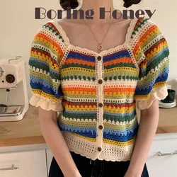 Boring Honey Rainbow Colors Square Collar Women's Clothes For Summer Short Sleeves Tops Single-Breasted Fashion Women Blouses