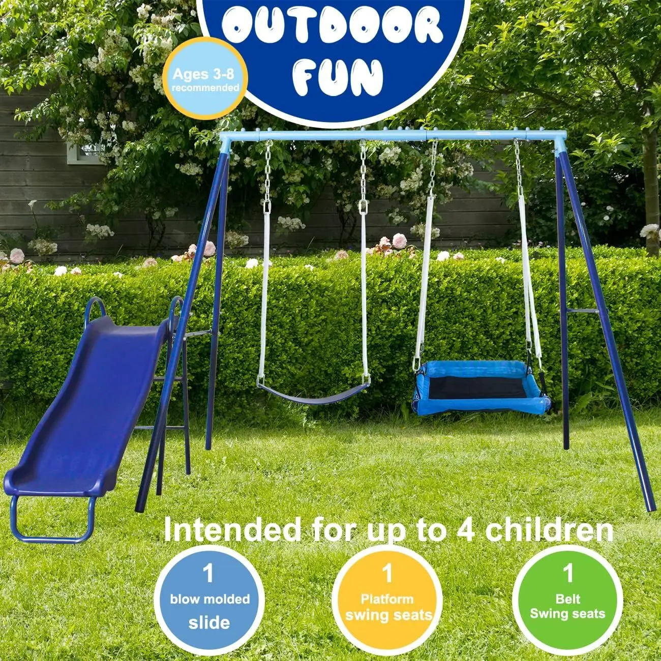 500lbs Playground Swing Sets for Backyard with Slide, Platform Swing 43 inch, Belt Swing, Heavy Duty Metal A-Frame Swing Stand