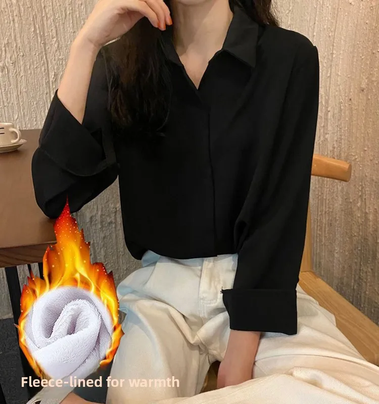 

Thickened Fleece Long Sleeve Black Shirt Women's Autumn Winter Commute Professional Style Collar Button Detail Slim Fit ...