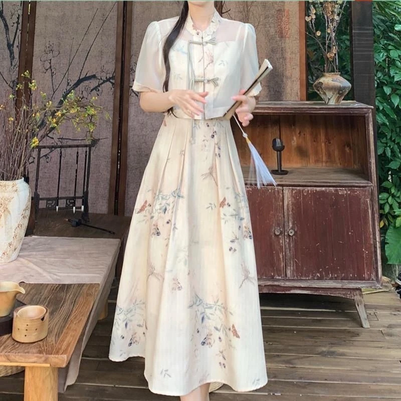 فستان تقليدي محسّن من تشيباو فستان بحمالات صينية مكون من قطعتين فستان زهري سترة علوية بدلة فستان للنساء للصيف #3