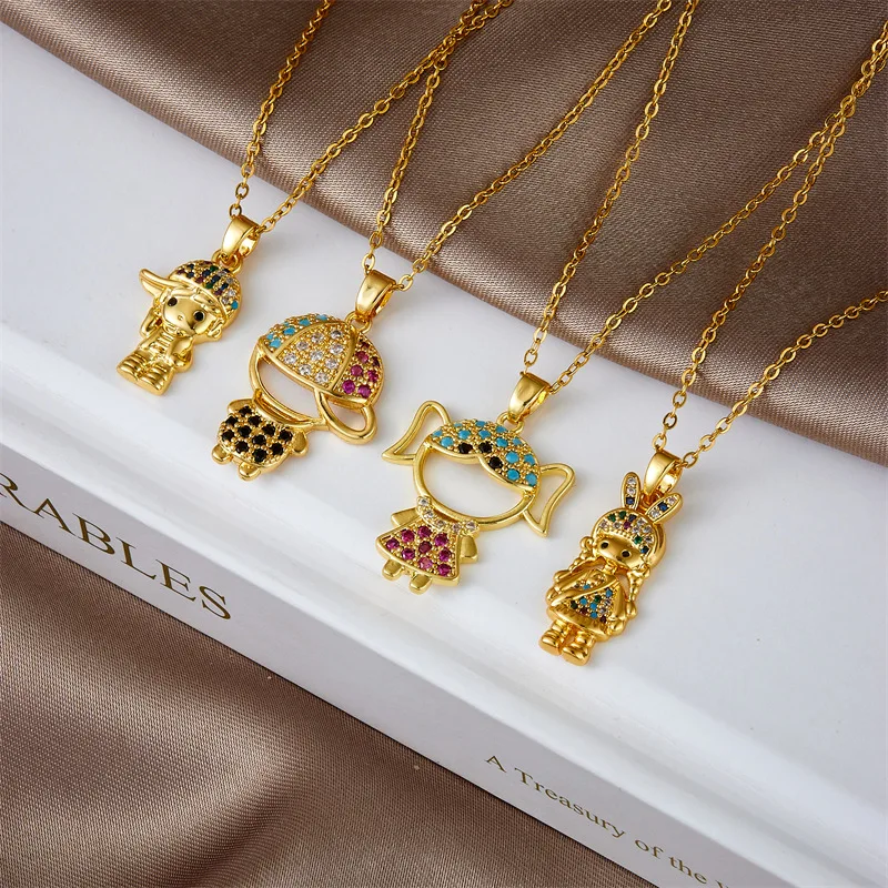 Fashion Simple Boys Girls Wearing Hats Colorful Zircon Gold Silver Stainless Steel Chain Pendant Necklace for Friends Cute Gift