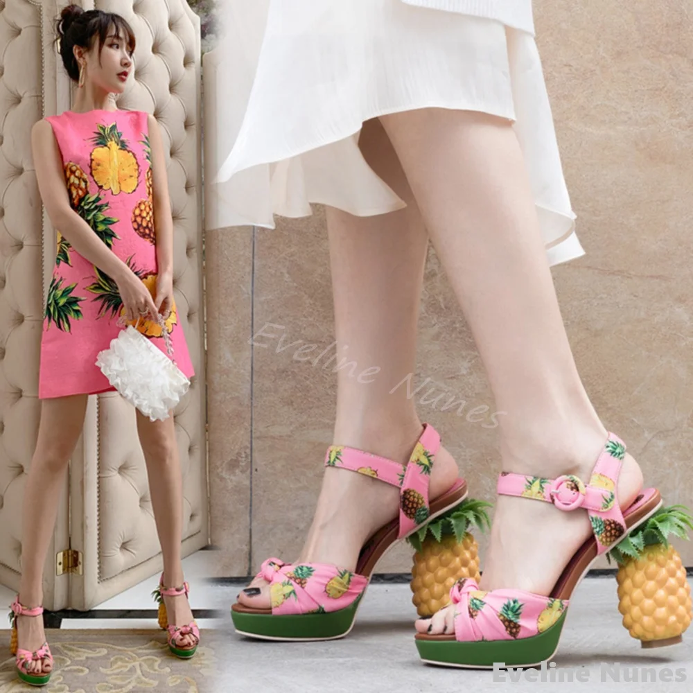 Pineapple Heel Platform Sandals Women Round Toe Ankle Buckle Pineapple Print Lovely Sandals 2024 Fashion Mixed Colors Sandals