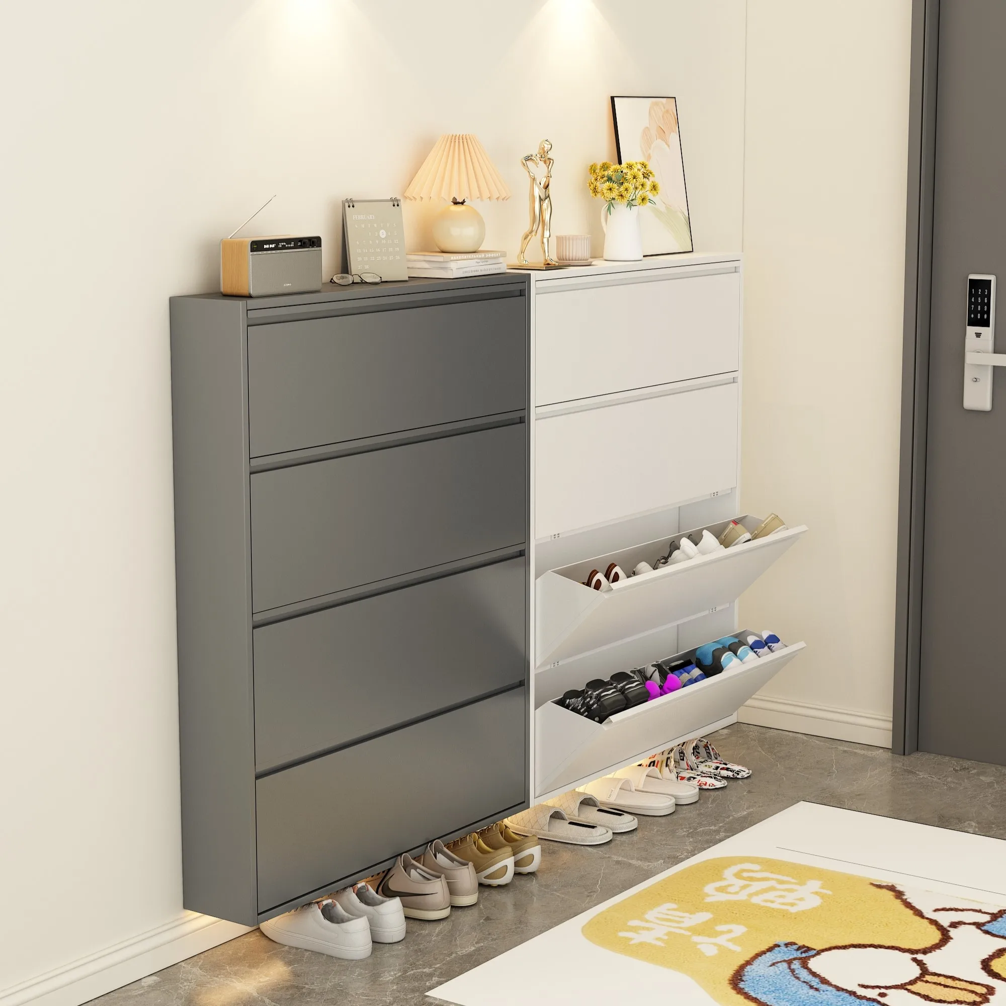 Household door corridor ultra-thin tipping bucket shoe cabinet dust-proof storage simple children's cartoon locker small