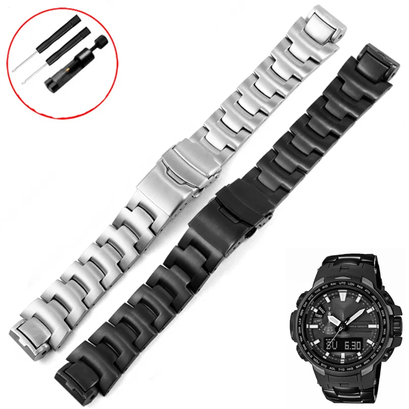 CICIDD Stainless Steel Watchband Suitable For Casio PRW-3000 3100 6000 6100Y PRG-300 Series Silver Black Steel Strap