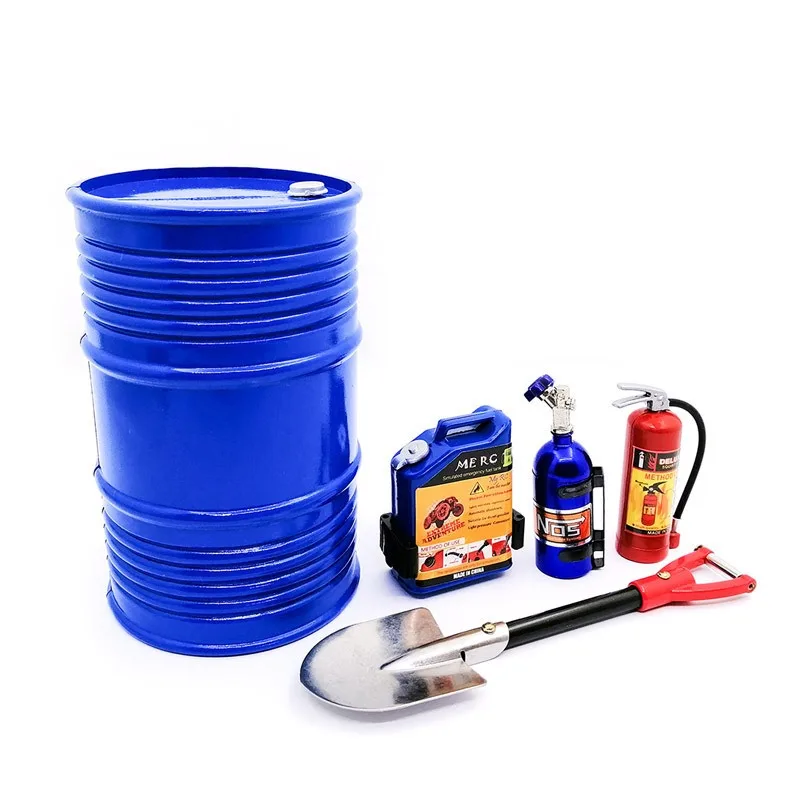 5 SZT. Zestaw dekoracji do samochodów RC: beczka na olej, łopata, butla z azotem do modeli RC 1/10 Crawler SCX10 TRX4