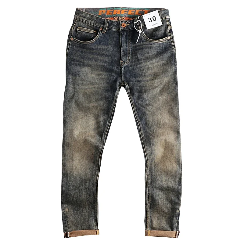 

Men Four Seasons Vintage Washed Distressed Soft Fit Straight Casual Pants American Retro Waist Printed Stretch Denim Jeans