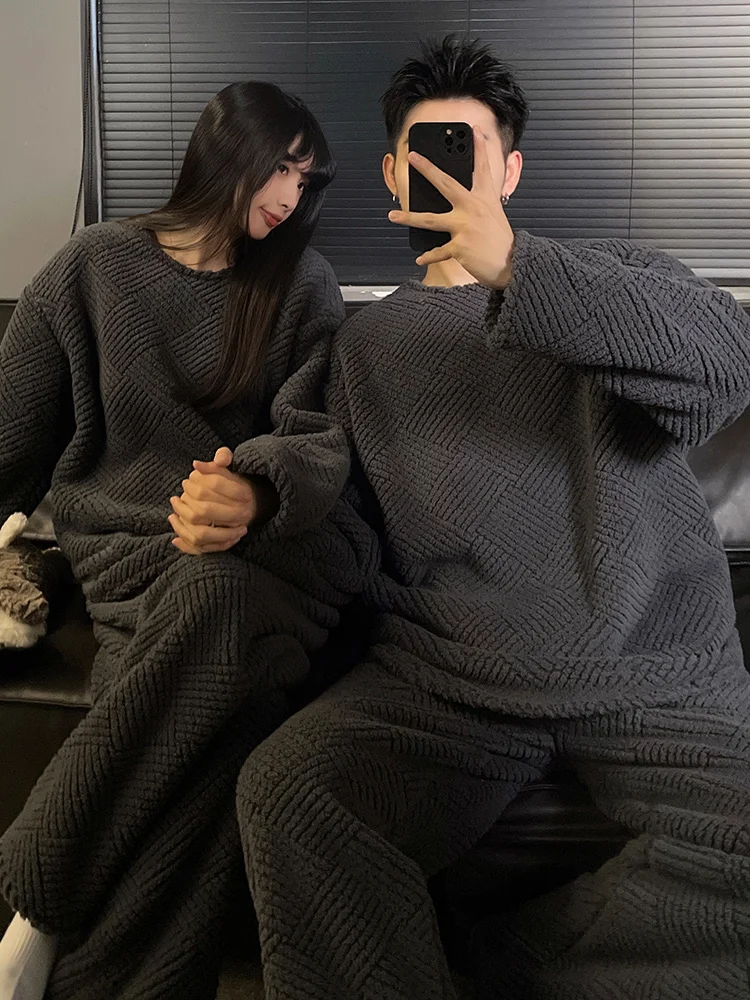 DAIMELU autumn and winter sleepwear couple pajamas women's coral fleece flannel thickened warm men's high-end loungewear suit