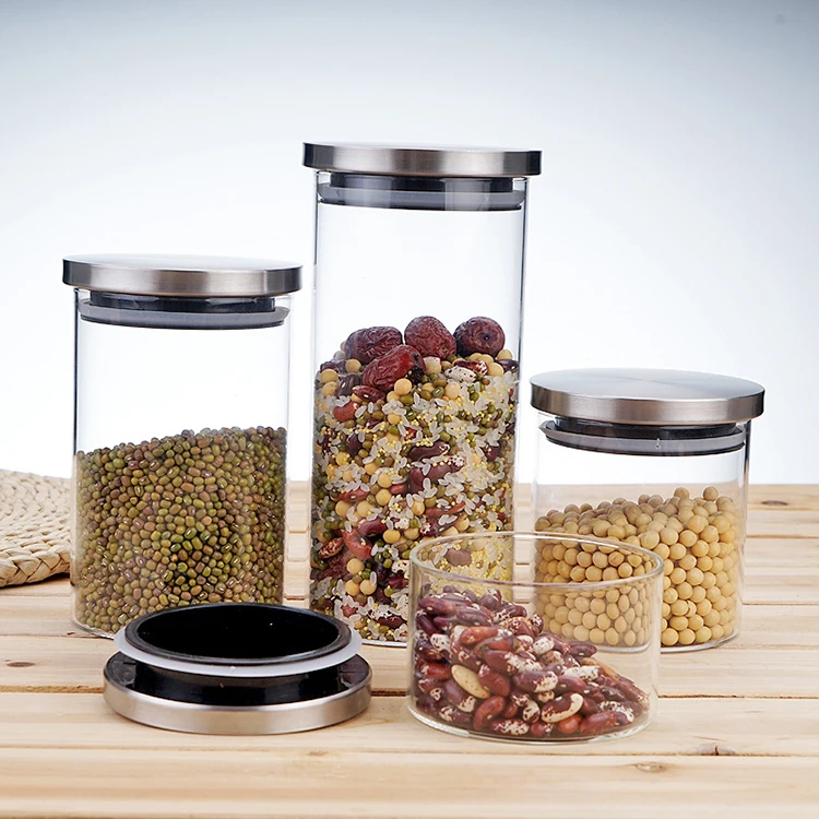 Multi-specification airtight transparent food storage container glass jar with stainless steel lid