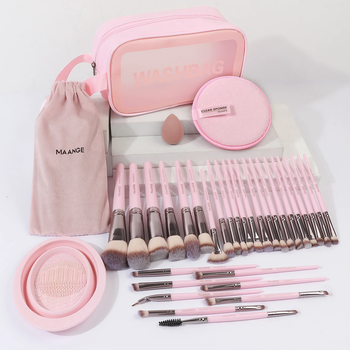 MAANGE 34PCS Makeup Tools Kits 30PCS Foundation Powder Eyeshadow Brush with Bag Makeup Remover Puff Silicone Brush Cleaner Sets