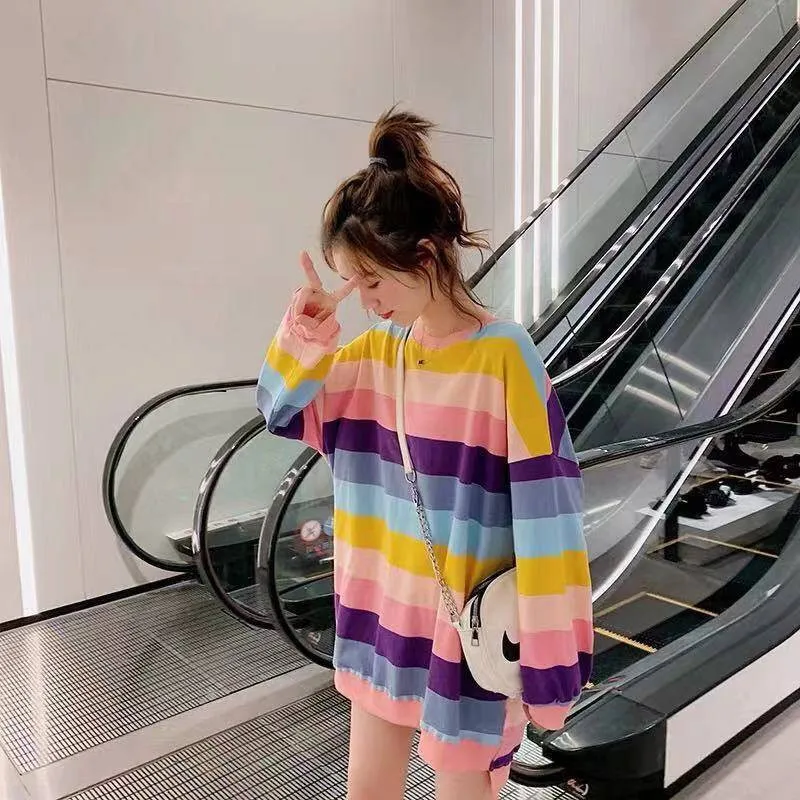 Rainbow Striped Long Sleeve Sweatshirts Women Spring Autumn Hoody Blouse Shirts Female Pullover Hoodies SweatshirtRainbow Stripe