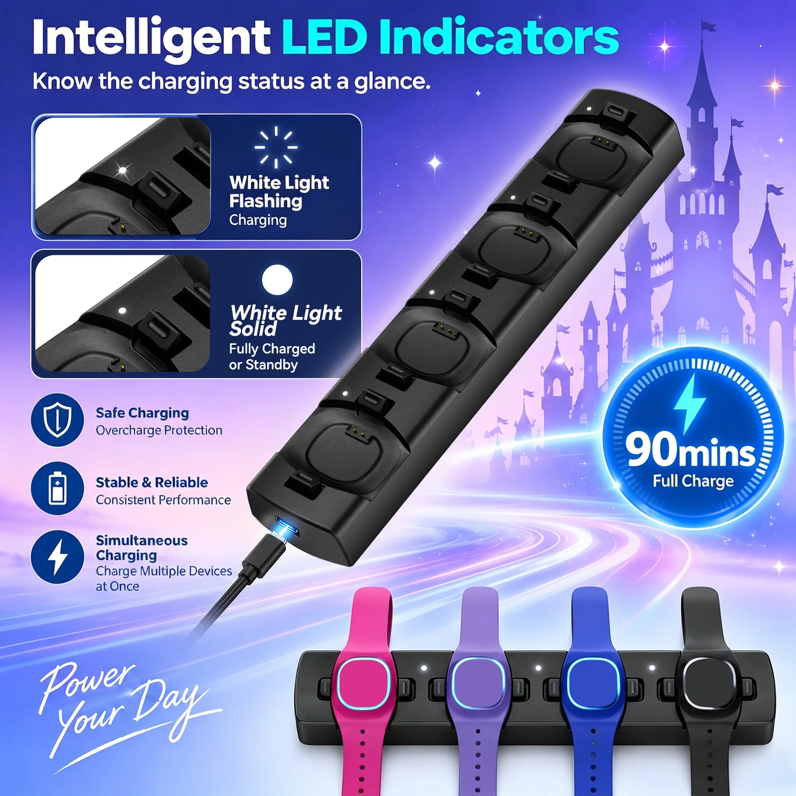 RGEEK 4 IN 1 Portable Fast-Charging Dock Charging Station Compatible with MagicBand+ (Magic Band Plus) For Family Travel