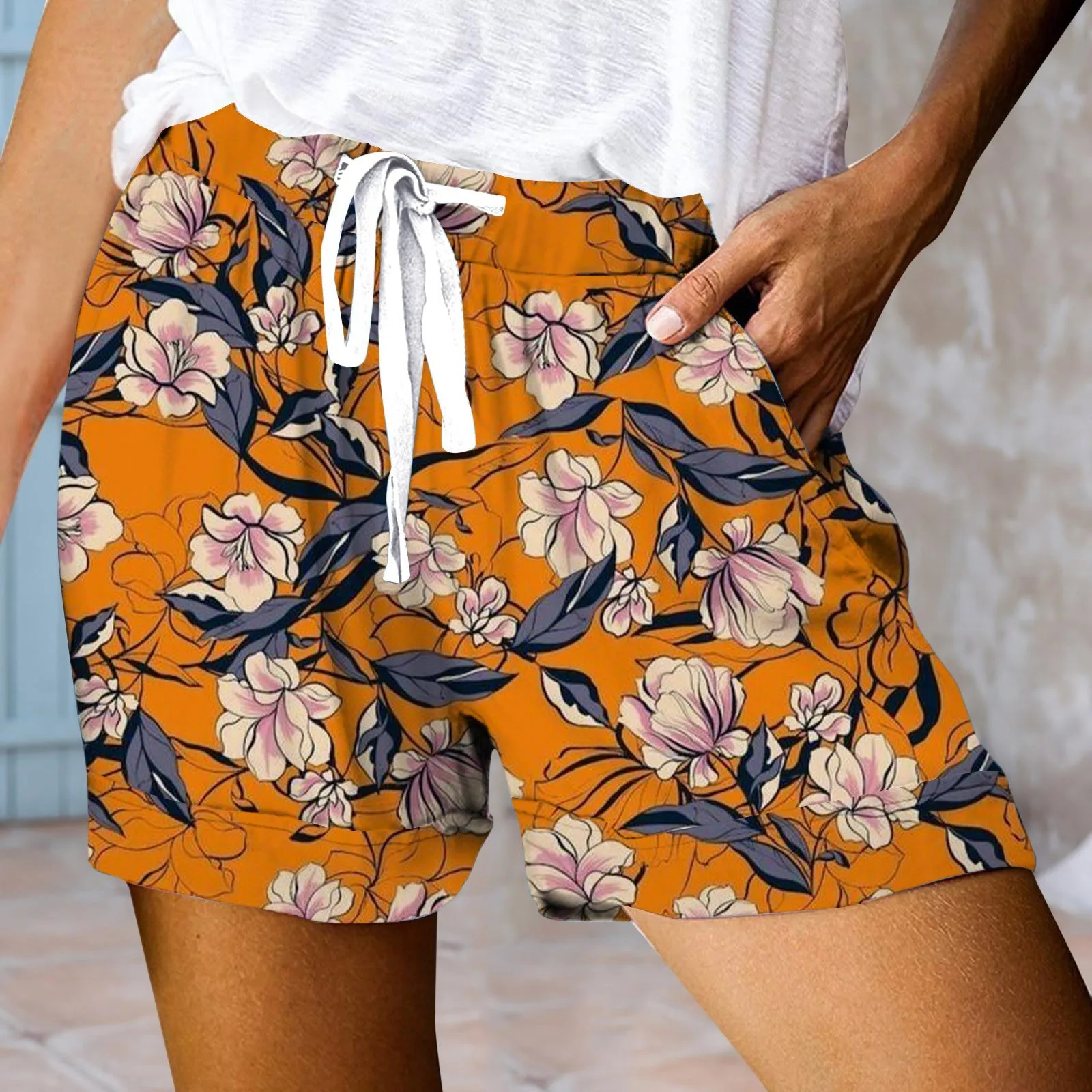 Women Comfy Shorts Drawstring Splice Female Sports Shorts Casual Elastic Waist Pocketed Loose Print Shorts Plus Size Shorts