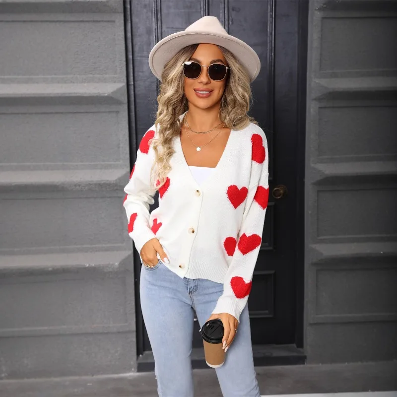 

New Autumn and Winter Women's Love Long-sleeved Knitted Cardigan Valentine's Day Versatile Thin Top