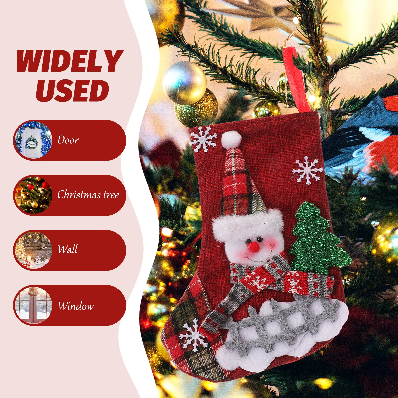 

Holiday Christmas Stocking Snowman Design Wall Hanging Decor for Fireplace Tree Door Window Xmas Party Home Decoration