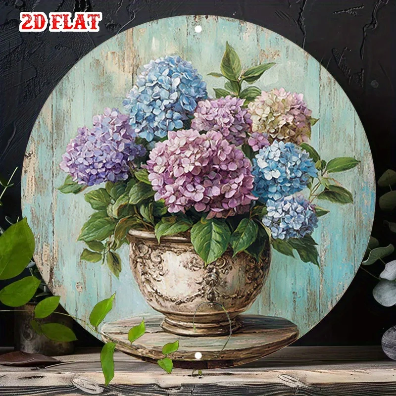 2D Flat, 2D Flat 1pc Vintage Metal Sign Featuring Hydrangeas In A Pot On A Wooden Table Round Wall Art for Charming Beachside Ba