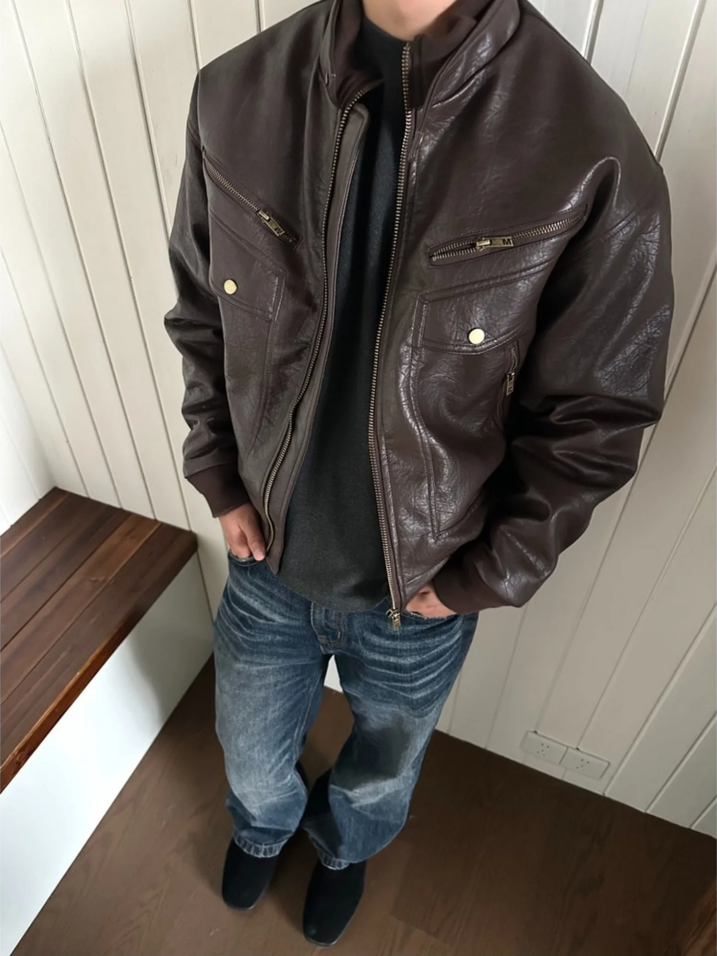 Retro Vintage Cracked Leather Jacket Men's American Style Stand Collar Multi-Zipper Pocket Motorcycle PU Leather Jacket Coat