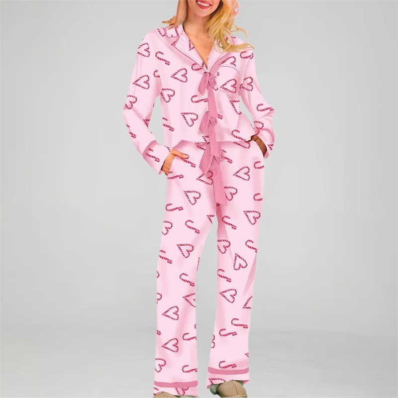 Mommy And Me Matching Pajamas Bow/Heart Print Tie Front Long Sleeve Tops And Long Pants Set Family Matching Sleepwear Hot Sale