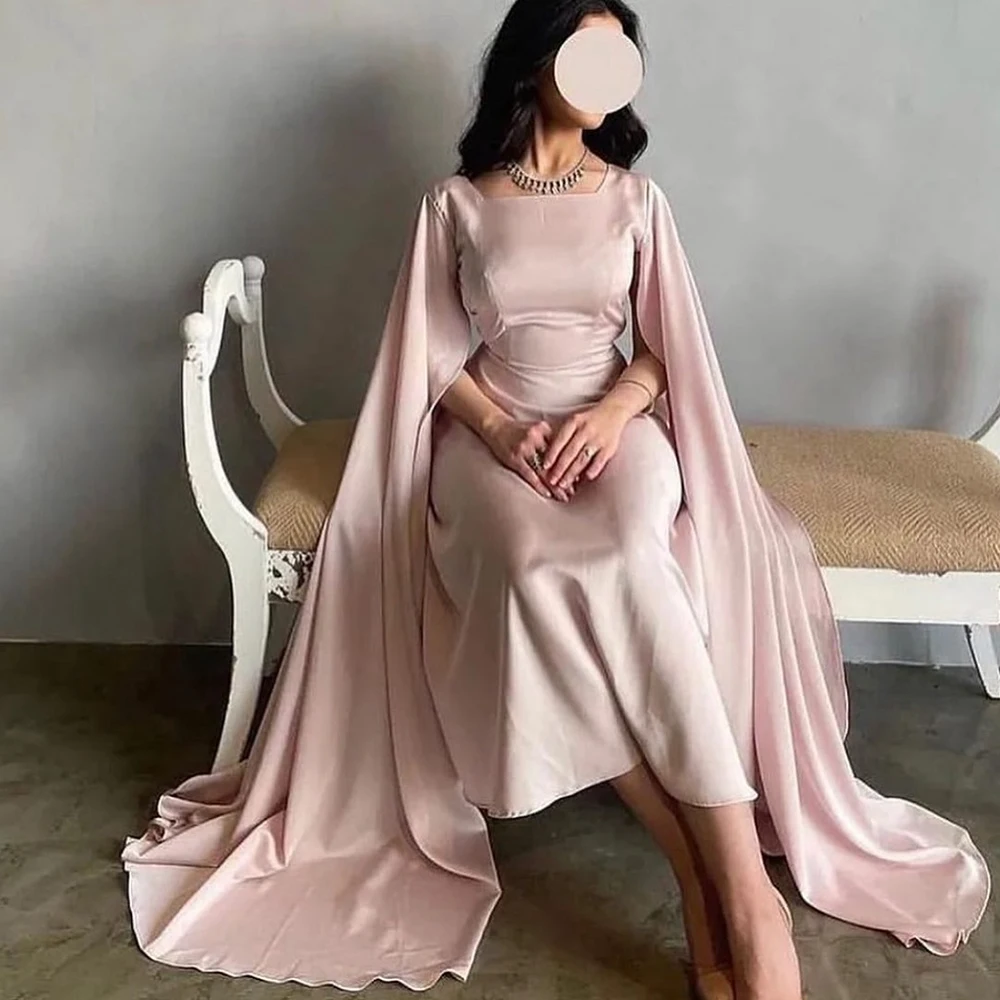 Customized Formal and Modern Butterfly Sleeves Jersey Watteau Train Evening Dresses Square Neck Pleats Tea Length Straight Gowns