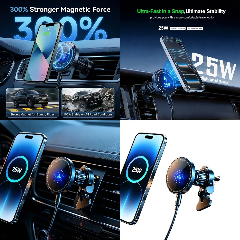 25W Magnetic Car Wireless Charger Super Fast Air Vent Phone Holder for iPhone 17 16 15 14 13 12 Pro Max Plus 360 Swivel Mount
