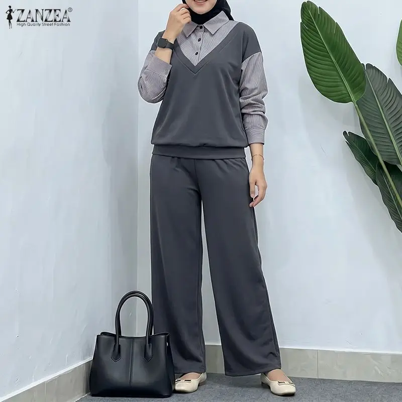 ZANZEA Women Casual Long Sleeve Stripe Patchwork Tops Shirt Elastic Waist Trousers Suit Autumn Outfits Muslim Matching Sets