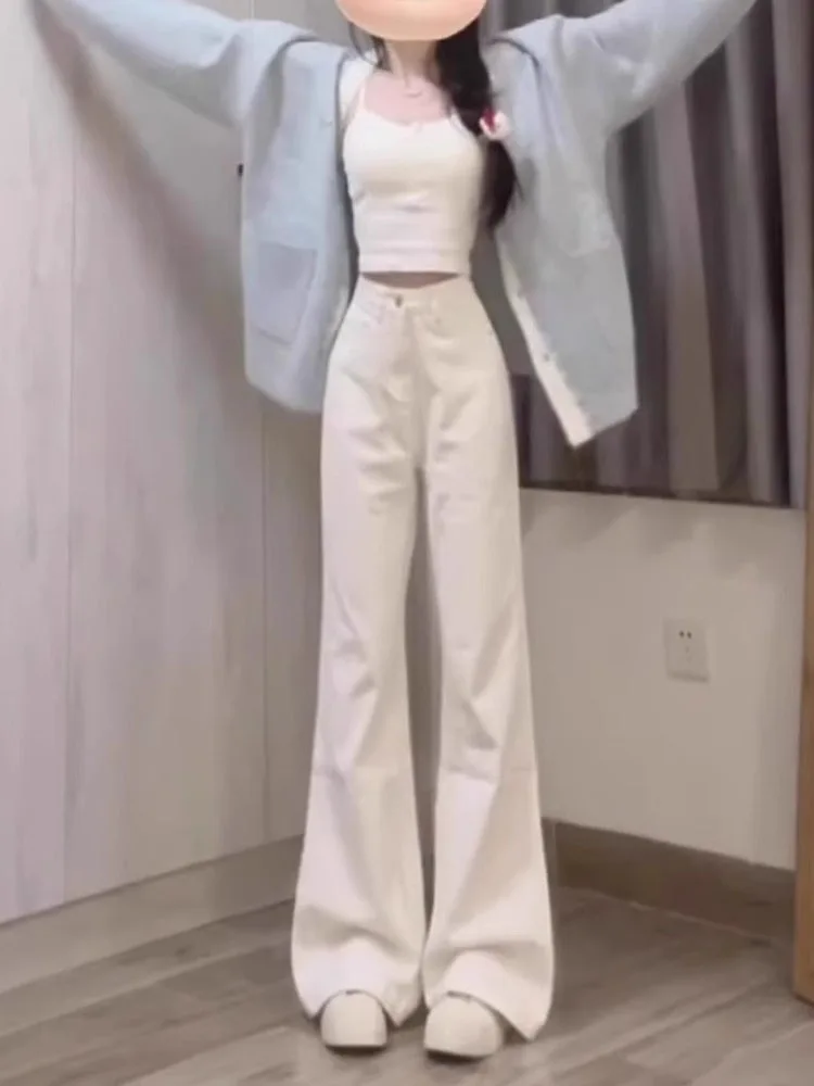 

Белые джинсы-колокольчики с высокой талией, женские свободные широкие брюки для похудения, прямые длинные брюки, повседневные джинсовые джинсы с высокой талией