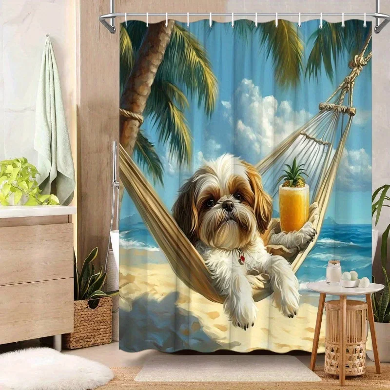 

1 шт. занавеска для душа для собак ши-тцу — белый и коричневый, гамак на тропическом пляже, пальмы и океане, 70,8x70,8 дюйма, полиэстер, моющийся