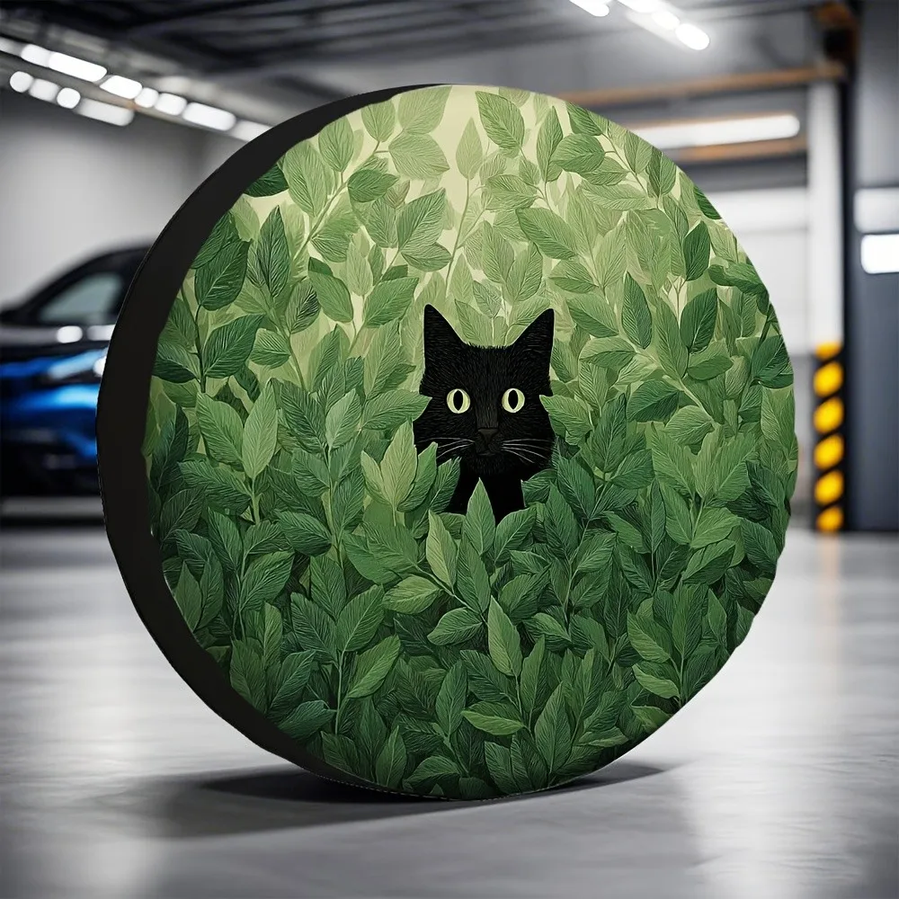 Black Cat Among Green Leaves Spare Tire Cover 100% Polyester for SUV Trailer Camping