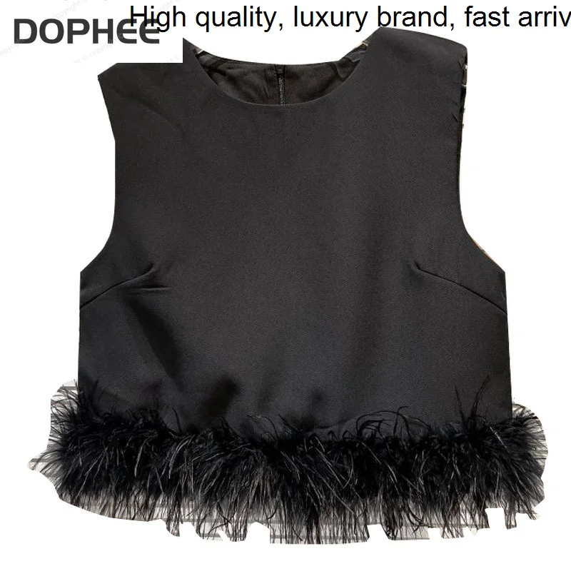 Spring 2023 New Fashion Hem Hairy Tassel Design O-neck Pullovers Crop Tops Elegant Ladies Sleeveless Tanks T-shirt Waistcoat