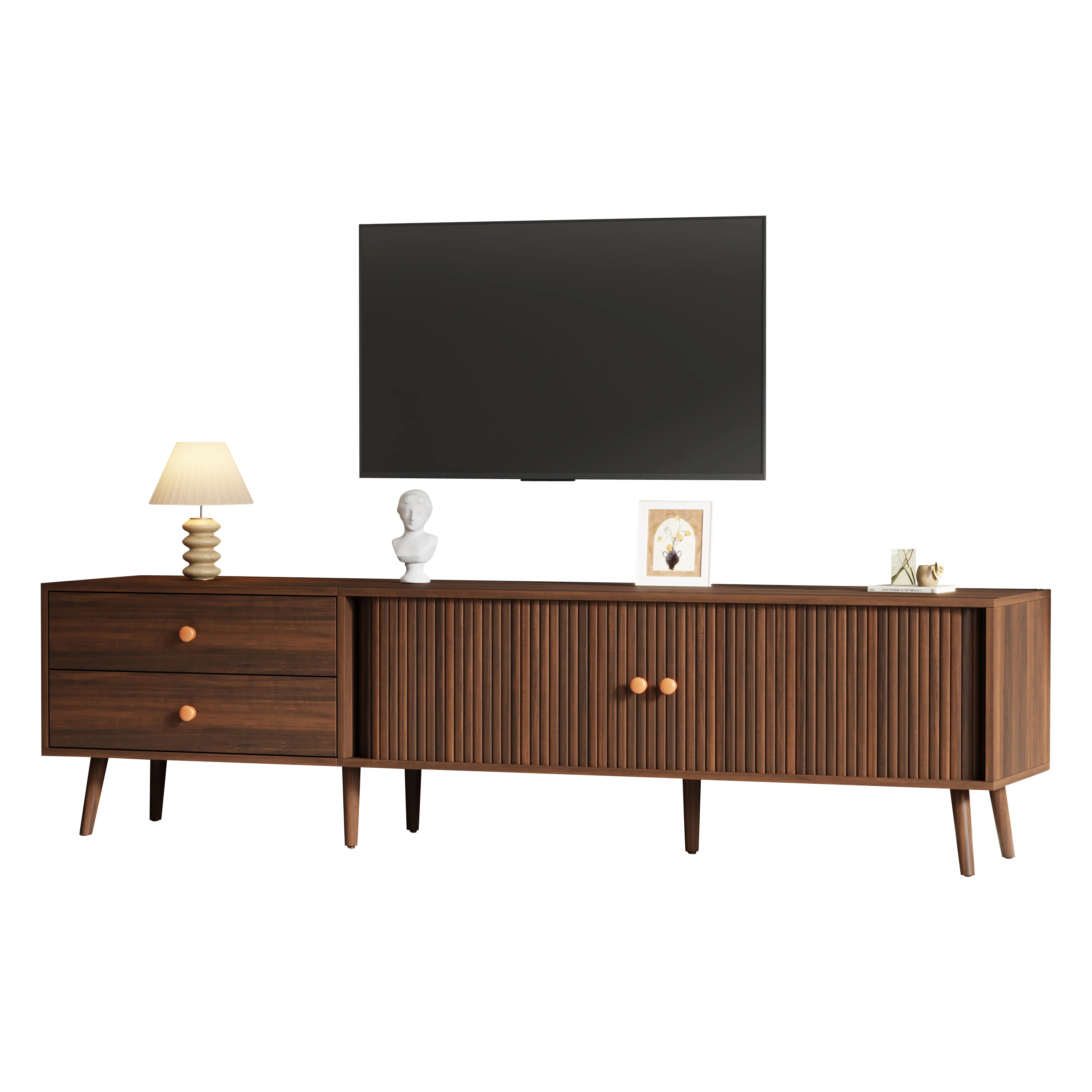 Grand meuble TV 180x40x46,5 cm en finition bois de noyer avec 2 tiroirs, 2 portes à roulettes et 8 pieds de support, centre de divertissement pour salon, convient aux téléviseurs jusqu'à 80 pouces, MDF, capacité de charge de 50 kg.